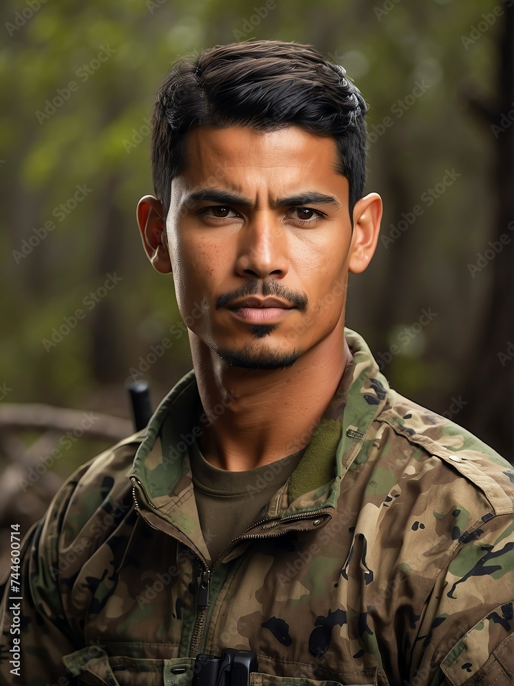 Portrait of a handsome male hispanic soldier wearing camouflage on a base camp background from Generative AI