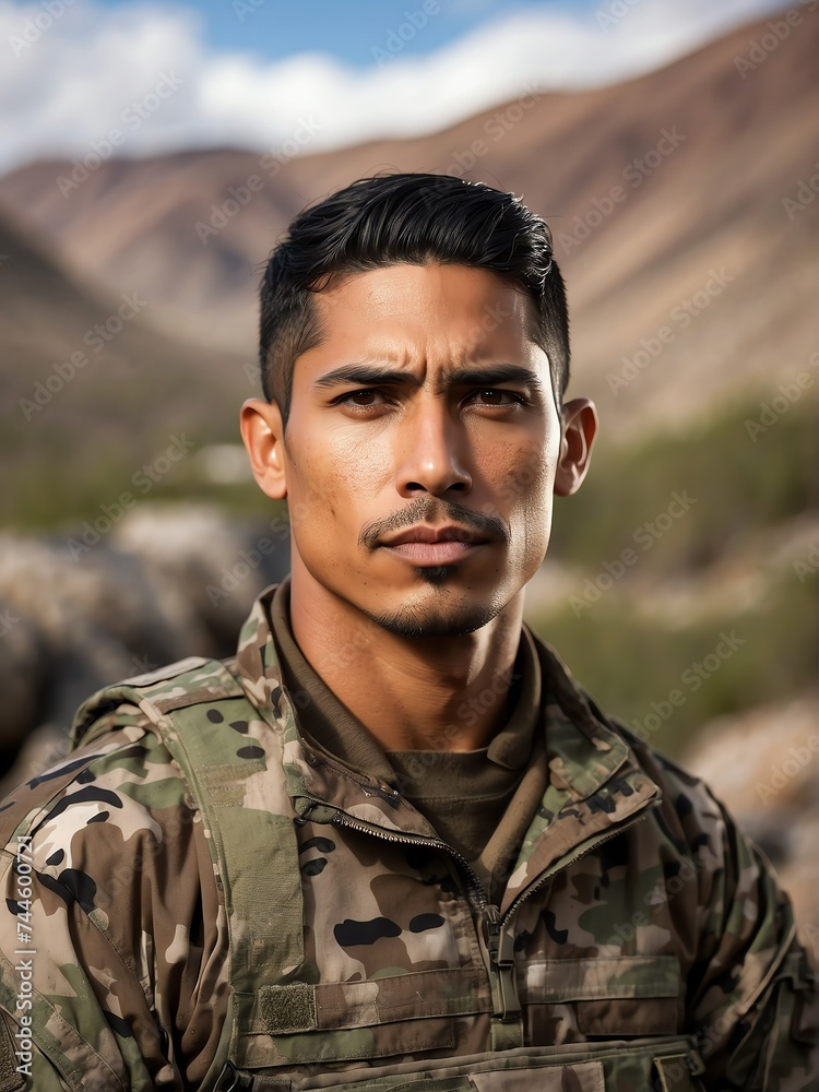 Portrait of a handsome male hispanic soldier wearing camouflage on a base camp background from Generative AI