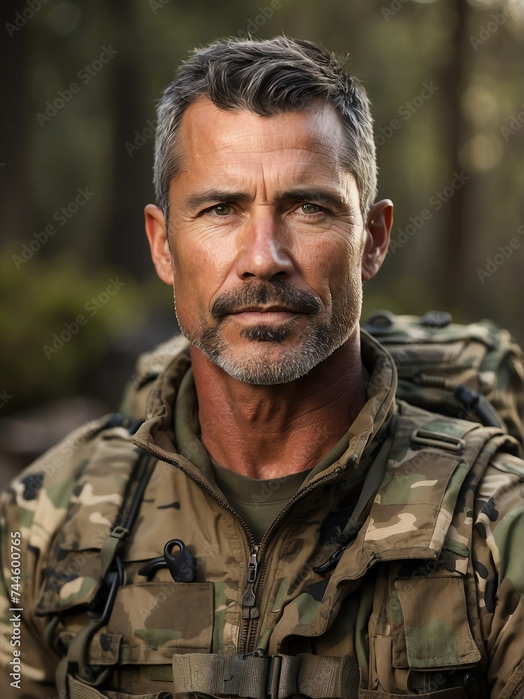 Portrait of a handsome male middle aged soldier wearing camouflage on a base camp background from Generative AI