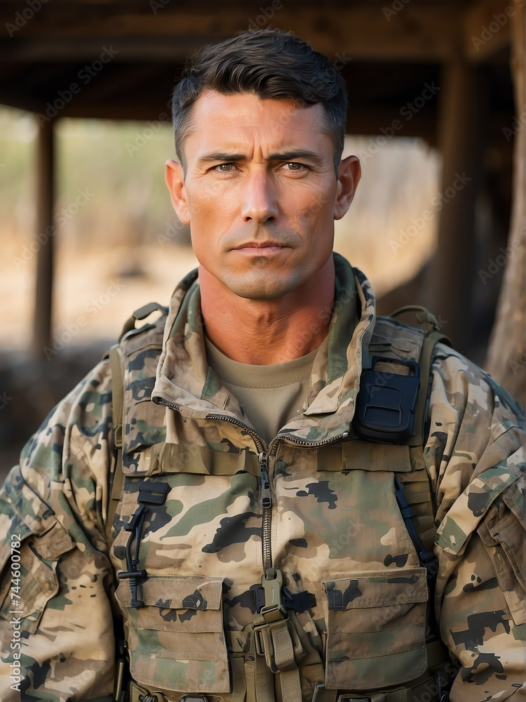 Portrait of a handsome male soldier wearing camouflage on a base camp background from Generative AI