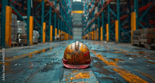 Amidst the bustling city streets, a dirty hard hat lies forgotten on the ground, a symbol of hard work and dedication left behind in the chaos of urban life photo
