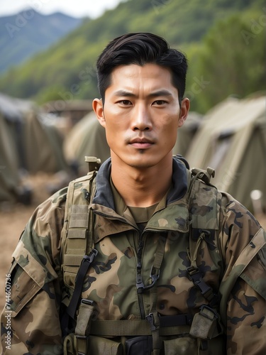 Portrait of a handsome male korean soldier wearing camouflage on a base camp background from Generative AI
