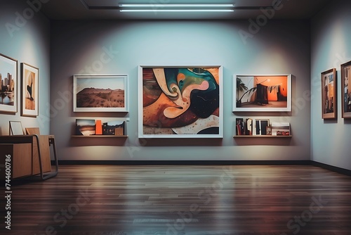 Modern art gallery interior with paintings on wall. Mock up
