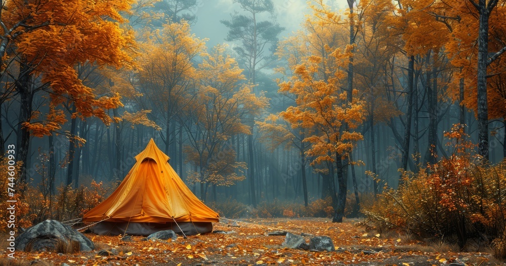 A solitary tent stands among the trees, its canvas blending into the autumn foliage as fog rolls in, creating a serene and picturesque scene of nature and wilderness - obrazy, fototapety, plakaty 