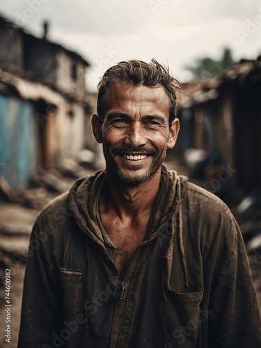 Portrait of smiling caucasian man on poor slums area background from Generative AI