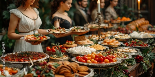 A woman stands among a group of people at an indoor banquet, showcasing the culinary art of a buffet with plates full of various delicacies from different food groups and vibrant vegetables sourced f