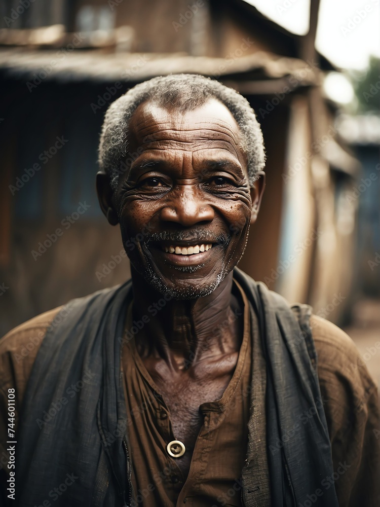 Portrait of smiling elderly black african man on poor slums area background from Generative AI