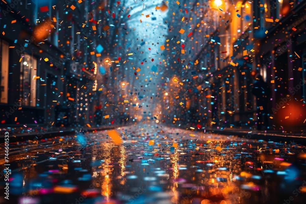 As the city lights reflect off the wet street, confetti falls from above, adding a touch of whimsy to the rainy night