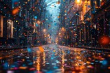 As the city lights reflect off the wet street, confetti falls from above, adding a touch of whimsy to the rainy night