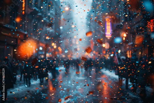 As the rain falls softly on the slick city street, the vibrant lights and sparkling confetti create a whimsical scene, evoking feelings of joy and wonder on this rainy night