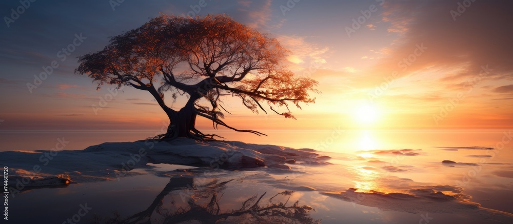 Beachside tree with sunset view.