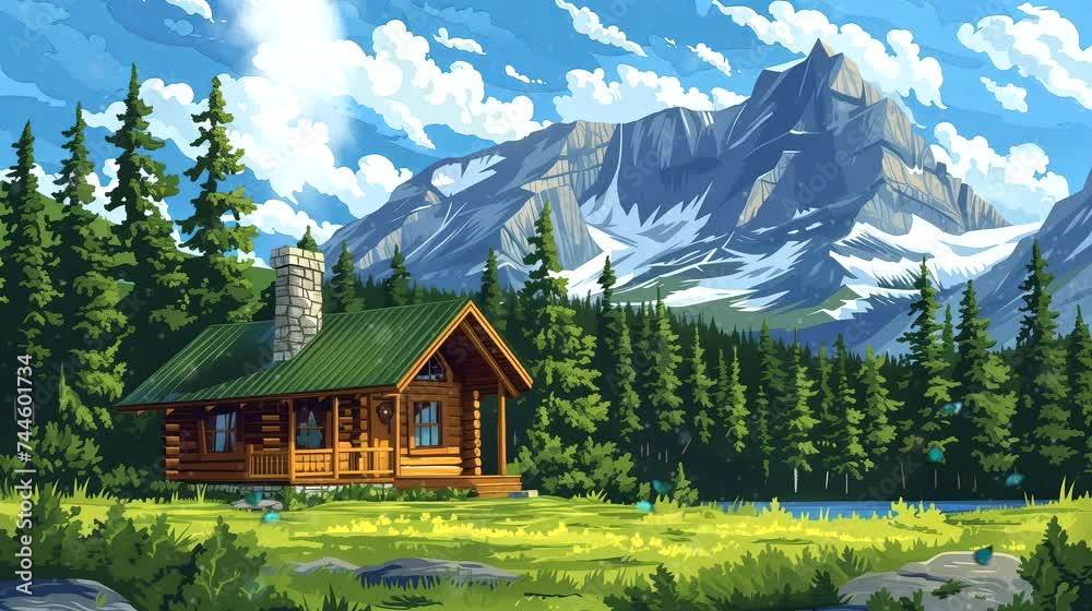 A cozy log cabin tucked away in the Canadian Rockies, surrounded by dense pine forests. Fantasy landscape anime or cartoon style, seamless looping 4k time-lapse virtual video animation background A cozy log cabin tucked away in the Canadian Rockies, surrounded by dense pine forests. Fantasy landscape anime or cartoon style, seamless looping 4k time-lapse virtual video animation background