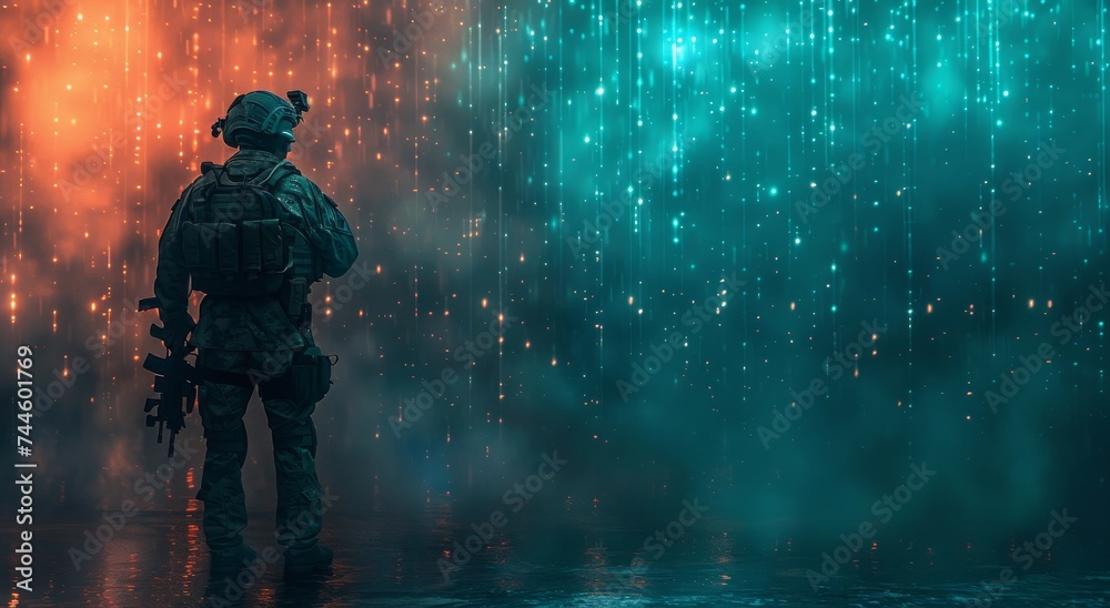 A brave soldier stands tall against a vibrant sky, embodying strength and determination in the face of chaos A brave soldier stands tall against a vibrant sky, embodying strength and determination in the face of chaos