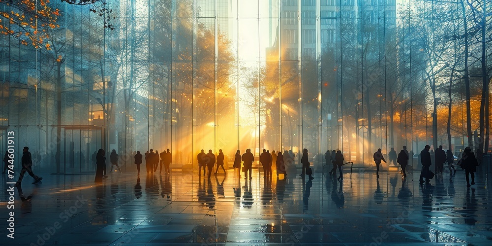 Obraz premium A mesmerizing blend of natural and urban elements, captured in a stunning display of light and reflection as a group strolls through the glass building at sunset