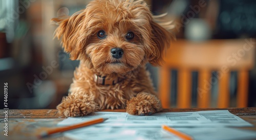 A playful pup surveys the world from atop a cluttered desk, surrounded by colorful pencils and embodying the perfect mix of loveable lapdog and energetic companion photo