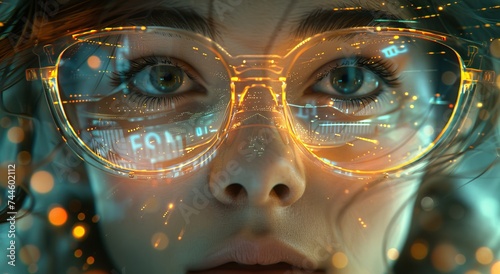 A modern woman with a technological twist, adorned with glasses emitting a captivating aura © Larisa AI
