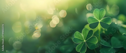 Four-leaf green clover for good luck on St. Patrick's Day, bright green background, holiday concept of spring, plant clover symbol photo