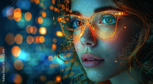 A thoughtful woman with piercing eyes and a warm smile, framed by the soft glow of light, wearing glasses that enhance her intelligent and captivating human face photo