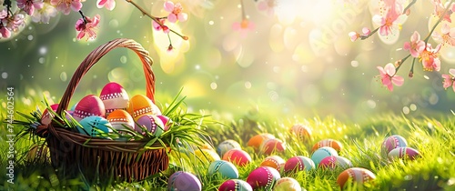 Easter - Painted Eggs In Basket On Grass In Sunny Orchard