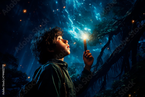 A boy with a flashlight in his hand looks into the night, starry sky.