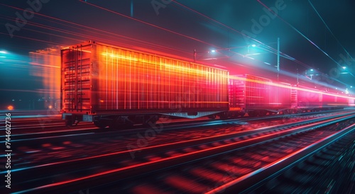 A mesmerizing display of electric energy as a train glides along the tracks, adorned with pulsating red and blue lights that cut through the darkness like a laser, creating a dynamic scene of motion  © Larisa AI