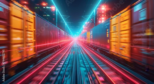 In the bustling city at night, a train races along the tracks, its red and blue lights illuminating the way with a sense of urgency and energy photo