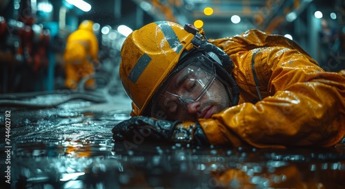 A drenched and determined man in a bright yellow jacket lies on the indoor ground, his face obscured by goggles and helmet, reflecting the power and vulnerability of water sports © Larisa AI