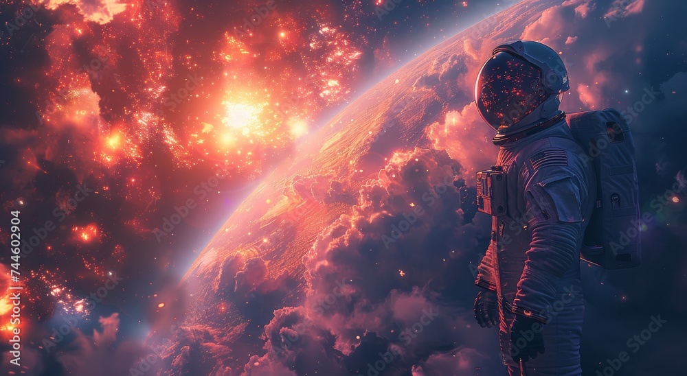 A lone astronaut gazes upon the vast emptiness of space, illuminated by a fiery red flare, reminiscent of an anime scene A lone astronaut gazes upon the vast emptiness of space, illuminated by a fiery red flare, reminiscent of an anime scene