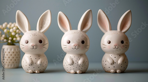 Cute kawaii rabbits toy bunny figurines in front of datk grey background. Horizontal easter banner.