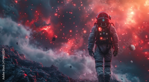 A lone astronaut braves the unknown, surrounded by a swirling storm of crimson hues, as they journey through the vast expanse of outer space