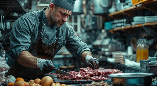 A skilled street food vendor, dressed in traditional clothing, expertly slices fresh meat at his bustling outdoor market stall, enticing passersby with the aroma of his mouthwatering cooking