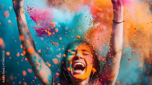 Fun with colours: A vibrant splash of colors and a young woman celebrating holi festival outdoors photo