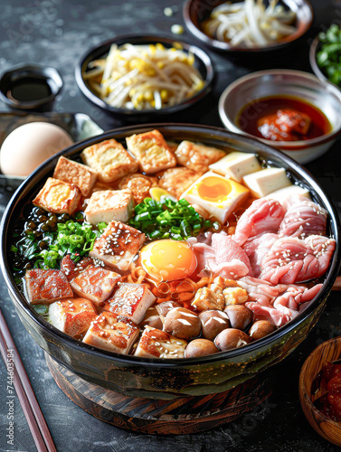 Overhead view of a vibrant, assorted Japanese hot pot with meat, tofu, vegetables, and noodles.