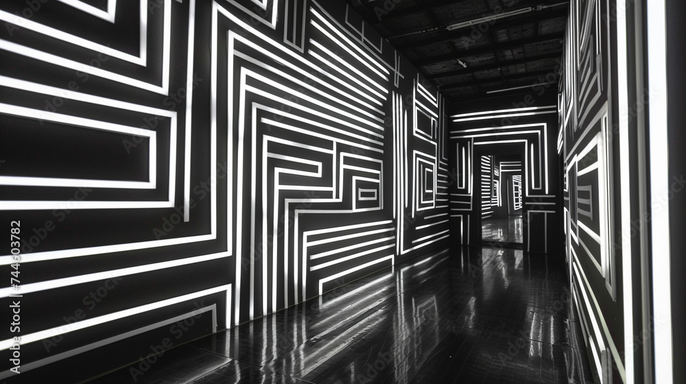 Obraz premium Black and white glowing geometric lines. 