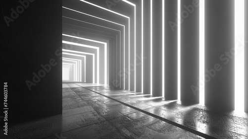 Black and white glowing geometric lines. 