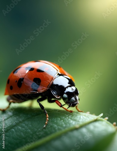 A close-up of a ladybug perched on a green leaf, displaying its glossy red wings and distinctive spots. The background's soft green hues enhance the insect's striking appearance.