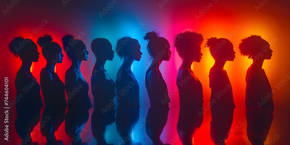 Neon Outlined Profiles Artfully Arranged in a Dramatic Lineup. Concept Neon Art, Outlined Profiles, Dramatic Lineup Neon Outlined Profiles Artfully Arranged in a Dramatic Lineup. Concept Neon Art, Outlined Profiles, Dramatic Lineup