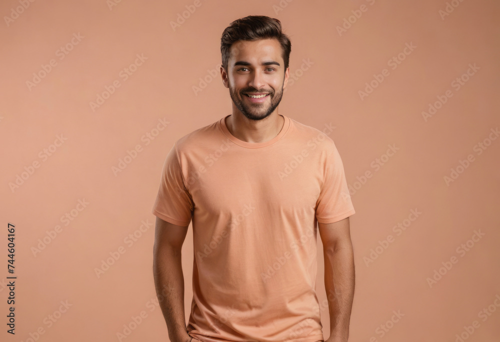 A man in a peach t-shirt smiling casually, his laid-back style is complemented by the warm backdrop. A man in a peach t-shirt smiling casually, his laid-back style is complemented by the warm backdrop.