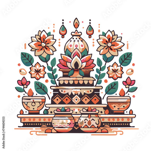Flat design illustration of holi festival temple flowers and jugs
