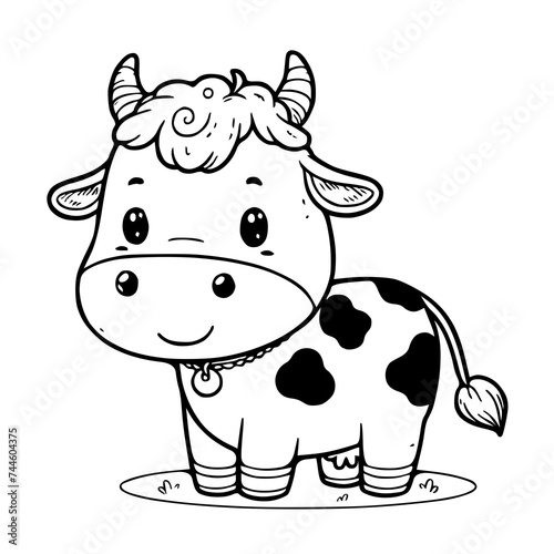 Vector hand drawn cute animal cartoon cow line sketch for coloring book