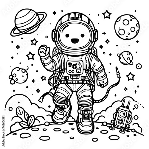 Vector hand drawn cute cartoon astronaut and plaent line sketch for coloring book