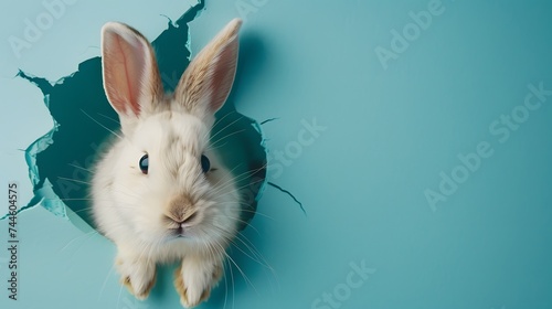 Bunny peeking out of a hole in blue wall, fluffy eared bunny easter bunny banner, rabbit jump out torn hole
