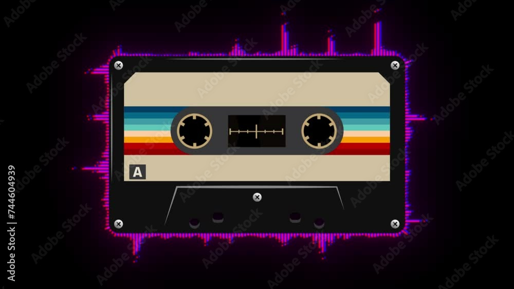 Retro musiccasette with retro colors eighties style, cassette tape, art deep space, mix tape retro cassette design, Music vintage and audio theme, Synthwave, vaporwave template. Audio Spectrum Dancing