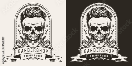 Barbershop skull monochrome vintage poster