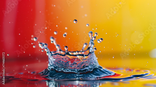 water droplets falling and creating a splash on a surface, with a yellow and red background