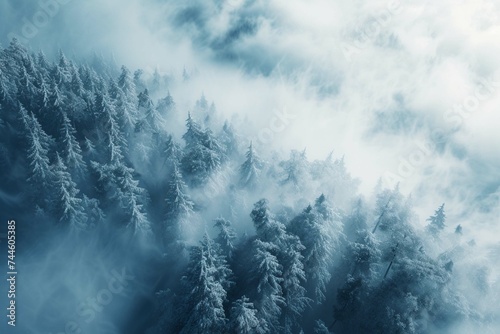 Aerial view of winter landscape atop alpine forest mountain top photo