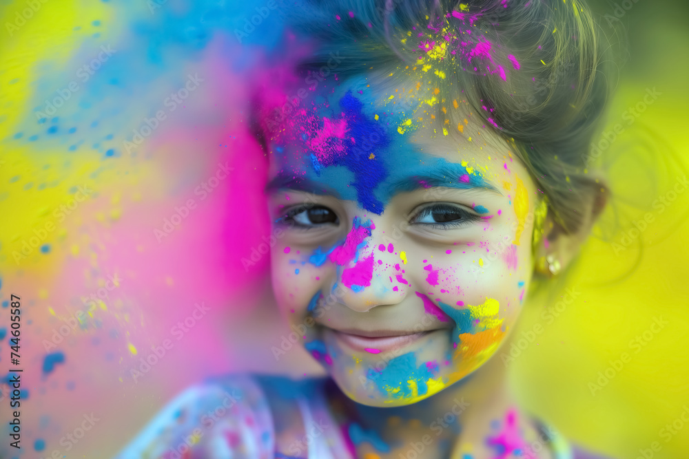 cute child celebrating and playing holi with colorful and vibrant colors