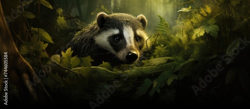 At night, a badger's head and face are seen in close-up as it searches for food in the leaves, leaving room for text in the image.