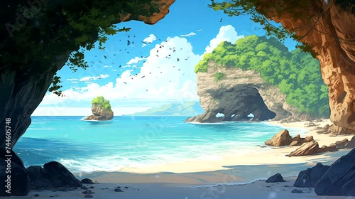A secluded beach cove on coast, framed by limestone cliffs and turquoise waters. Fantasy landscape anime or cartoon style, seamless looping 4k time-lapse virtual video animation background