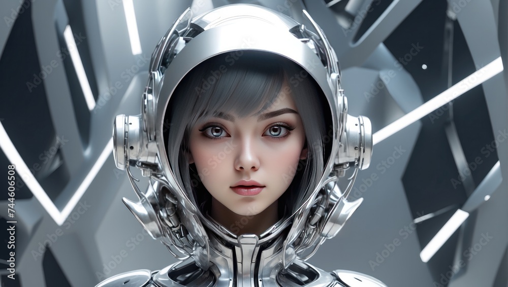 Portrait of a woman technology with a hood and helmet, showcasing fashion, beauty, and youth Portrait of a woman technology with a hood and helmet, showcasing fashion, beauty, and youth